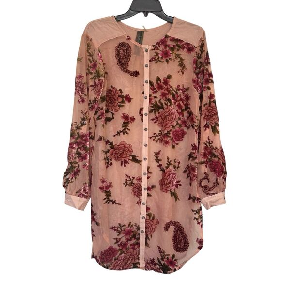 Aratta Silent Journey Velvet Burnout Floral Button Up Shirt Tunic XS Artsy Boho - Picture 1 of 9